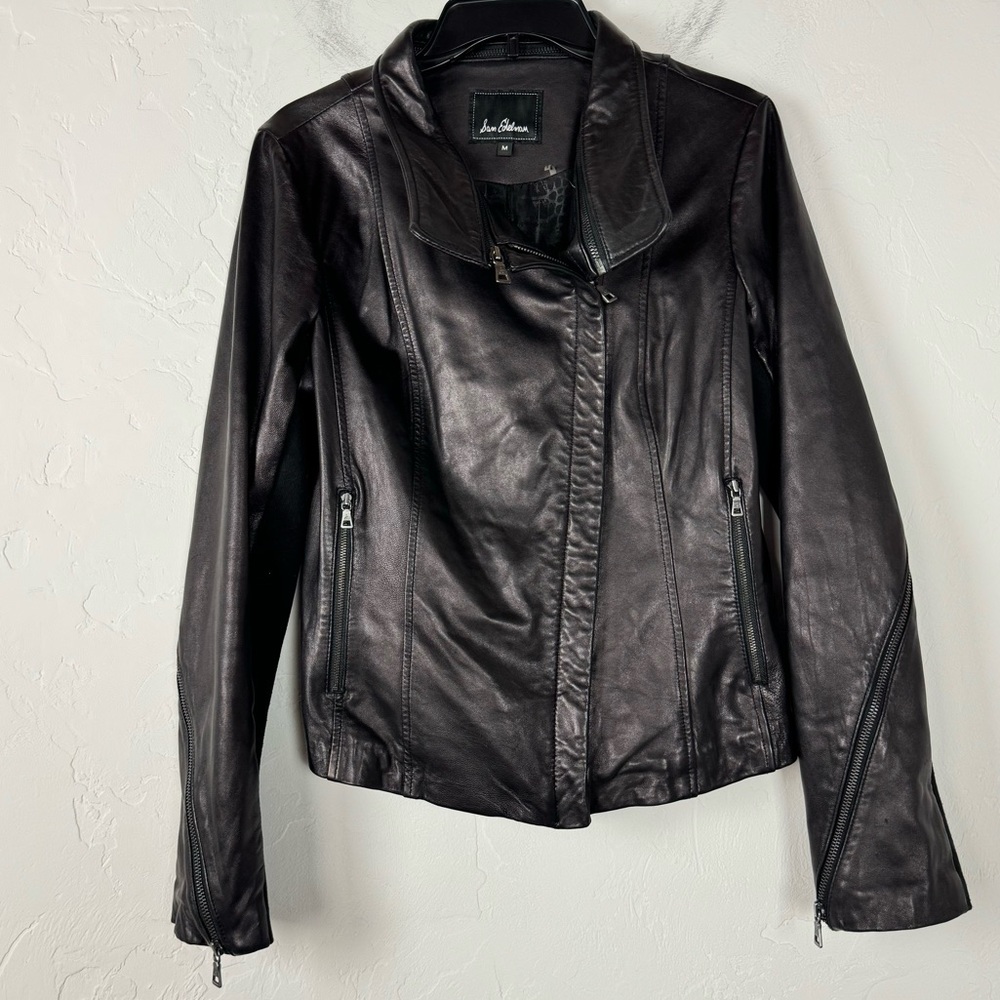 Sam Edelman‎ Leather Jacket Coat Solid Black Lined Asymmetrical Zip Moto Lined